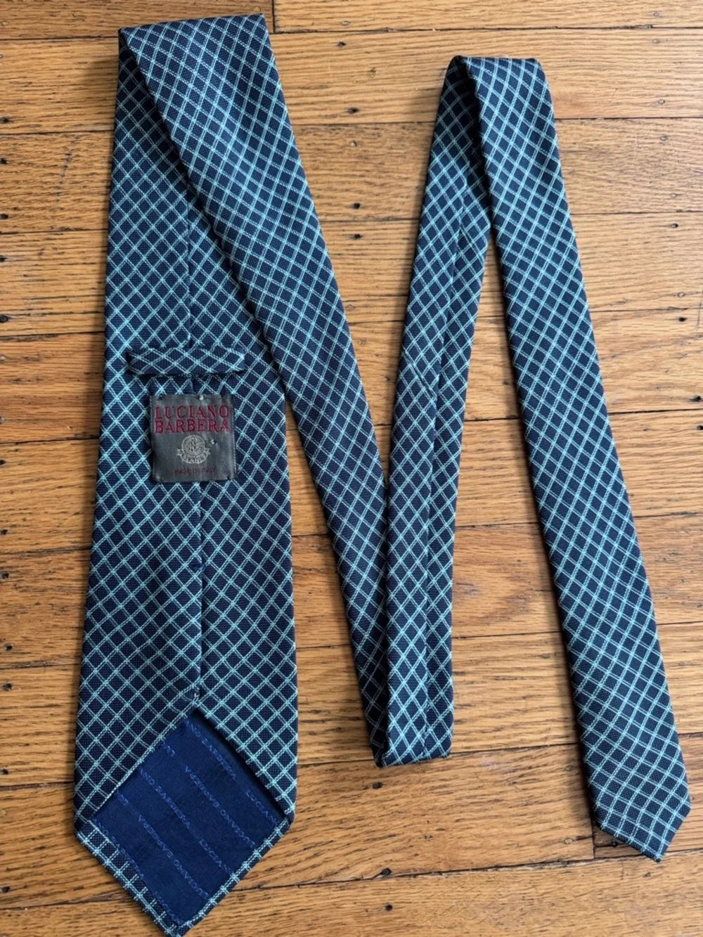 Luciano Barbera Silk Tie Navy Teal Windowpane Grid Made in Italy